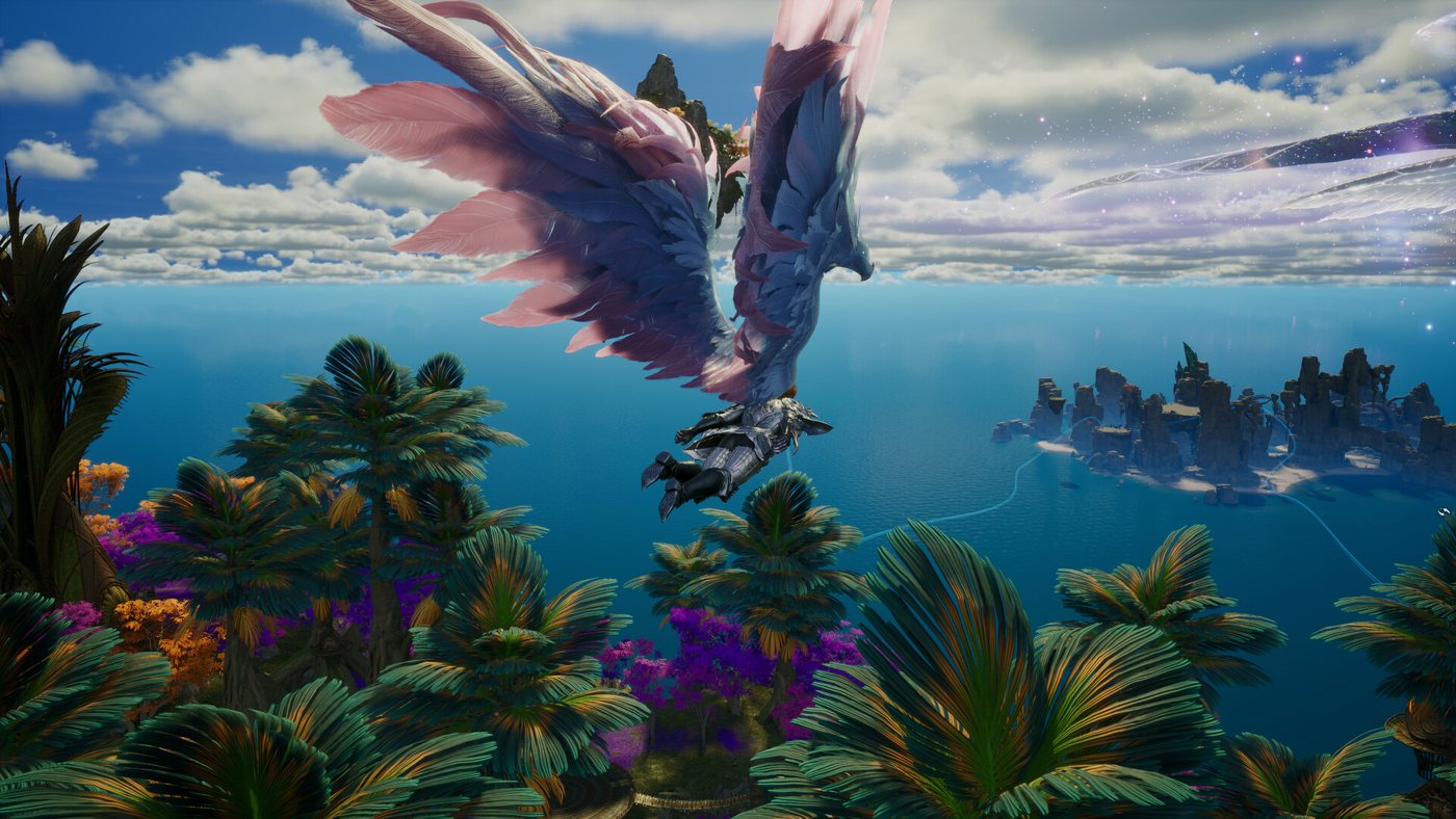 AION 2'de kanatlı bir binek denizin ve tropik adaların üstünde uçuyor