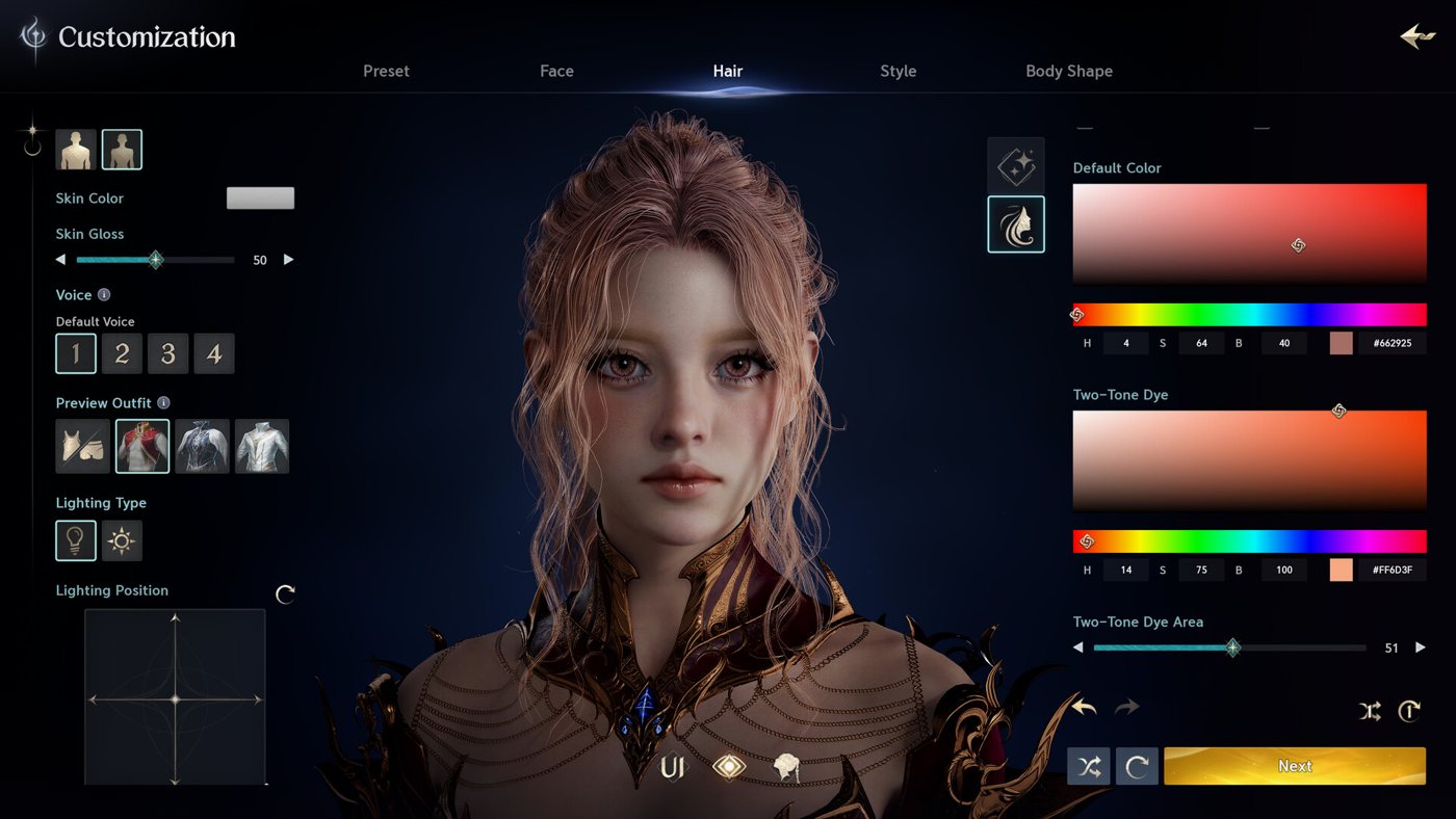 AION 2 karakter yaratma ekranında yüz, saç ve göz rengi ayarları