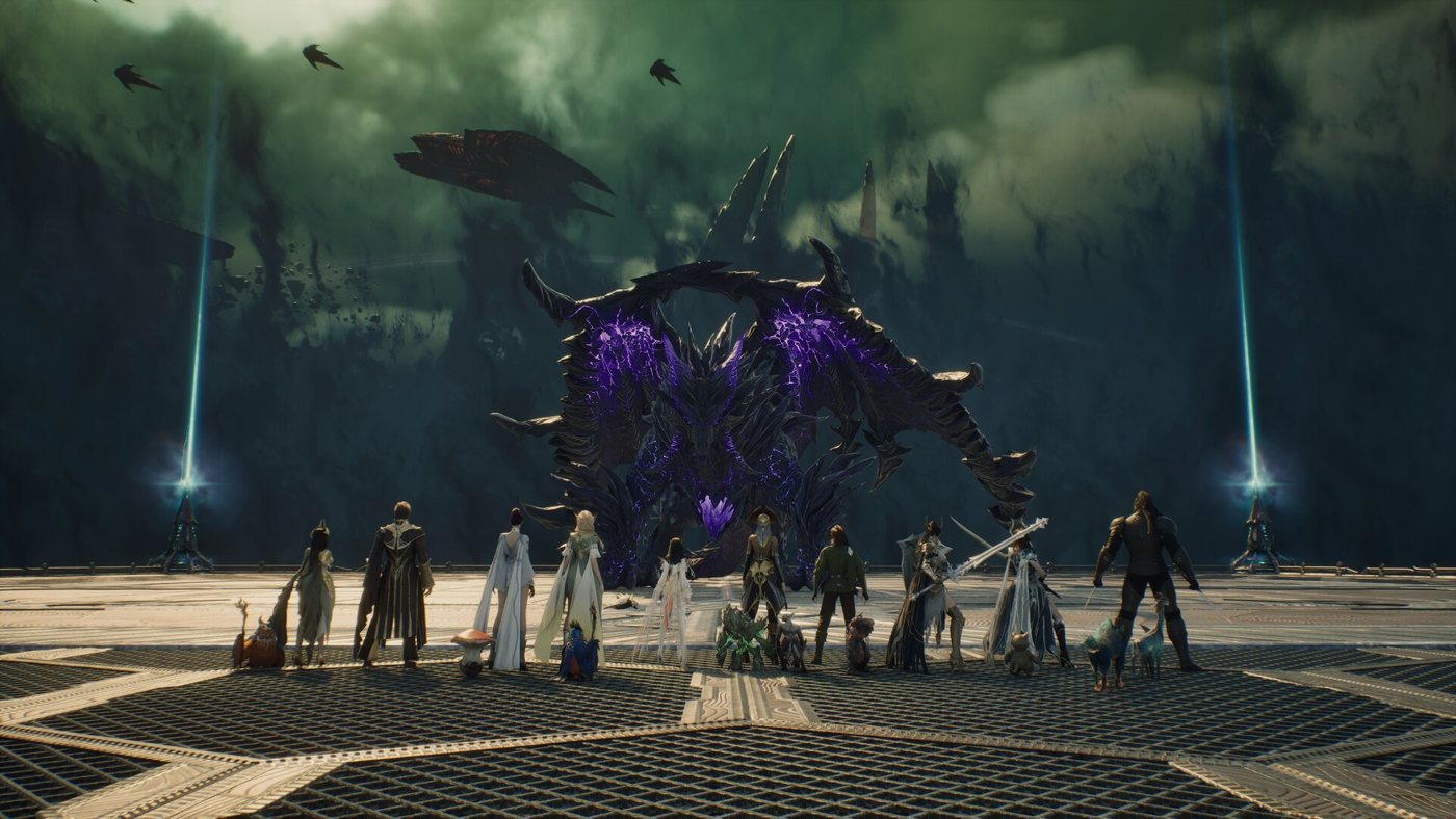 AION 2'de bir oyuncu grubu dev bir ejderhanın karşısında dizilmiş
