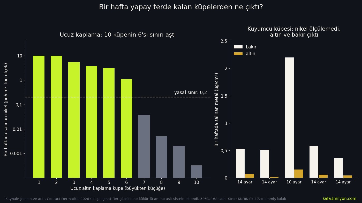 Solda on ucuz altın kaplama küpenin bir haftada saldığı nikel ve 0,2 mikrogramlık yasal sınır, sağda beş kuyumcu küpesinin saldığı bakır ve altın miktarı