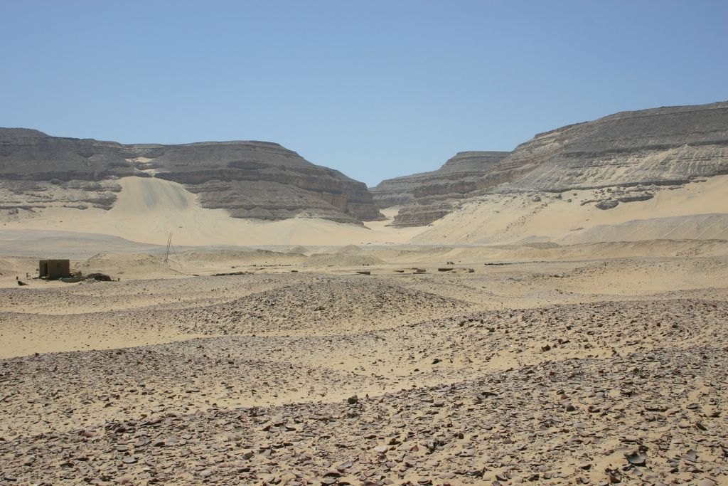 Abydos yakınındaki Umm el-Kaab: arkada kumla kaplı kayalık tepeler, önde binlerce kırık çanak çömlek parçasıyla örtülü çöl düzlüğü