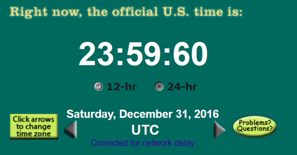 ABD'nin resmi saat sitesi time.gov'da 31 Aralık 2016 tarihinde UTC saatinin 23:59:60 gösterdiği ekran görüntüsü
