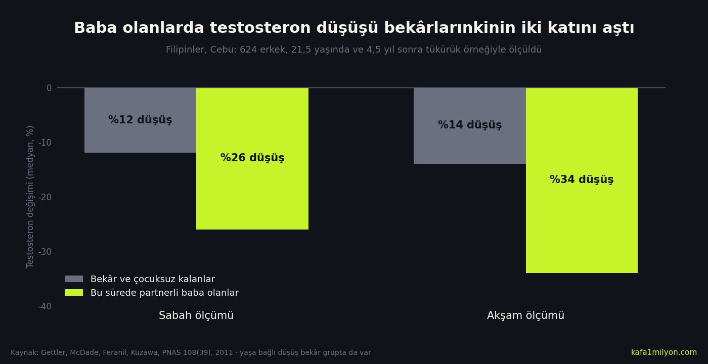 Bilgi grafiği: Cebu'da baba olan erkeklerde sabah testosteronu yüzde 26, akşam testosteronu yüzde 34 düştü; bekâr ve çocuksuz kalanlarda düşüş yüzde 12 ve 14