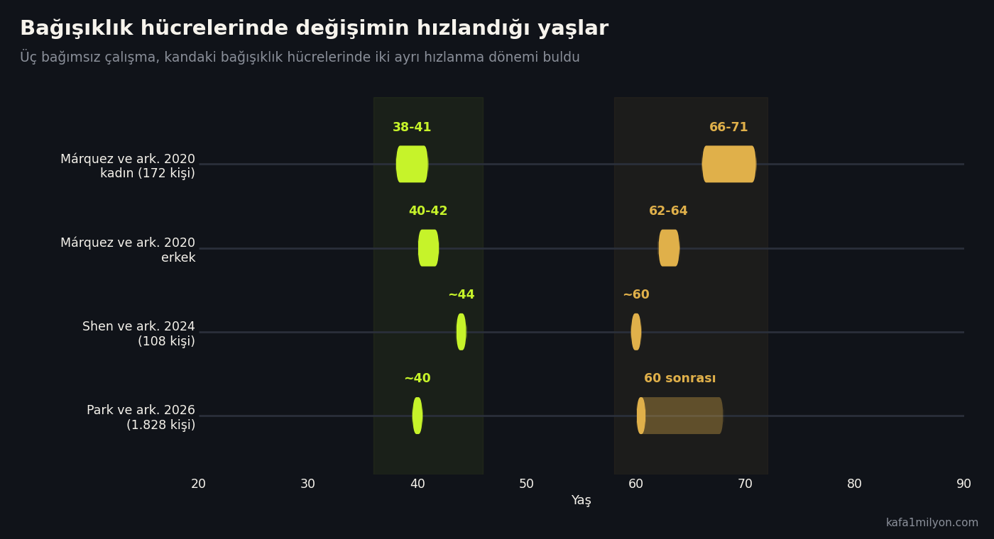 Zaman çizelgesi grafiği: Márquez ve arkadaşları 2020'de kadınlarda 38-41 ve 66-71, erkeklerde 40-42 ve 62-64 yaşlarında; Shen ve arkadaşları 2024'te yaklaşık 44 ve 60 yaşında; Park ve arkadaşları 2026'da yaklaşık 40 yaşında ve 60 sonrasında hızlanma dönemi buldu
