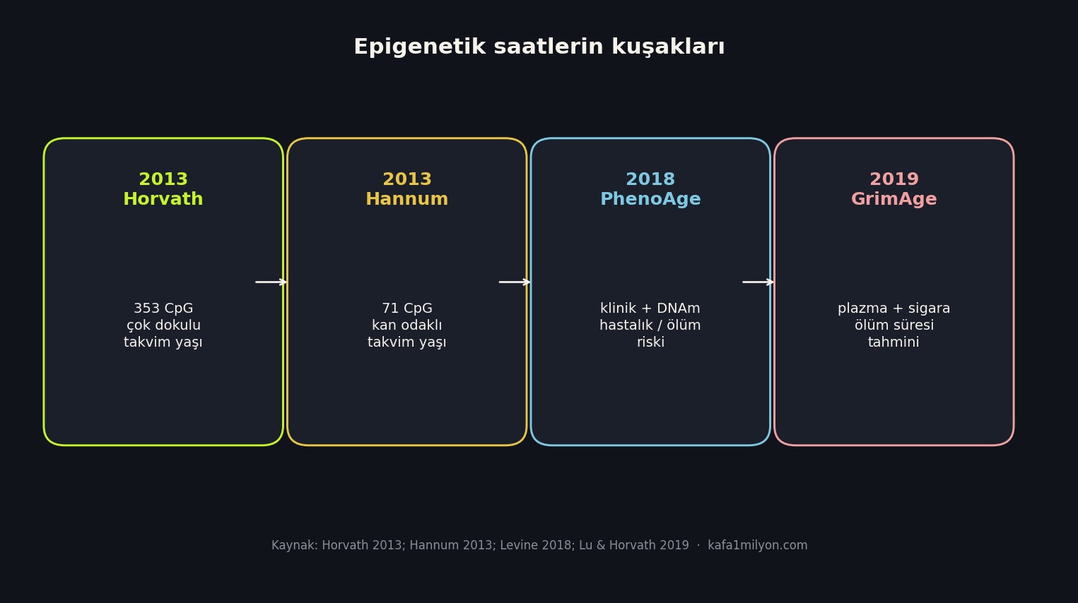 Horvath, Hannum, PhenoAge ve GrimAge epigenetik saat kuşaklarını gösteren bilgi grafiği