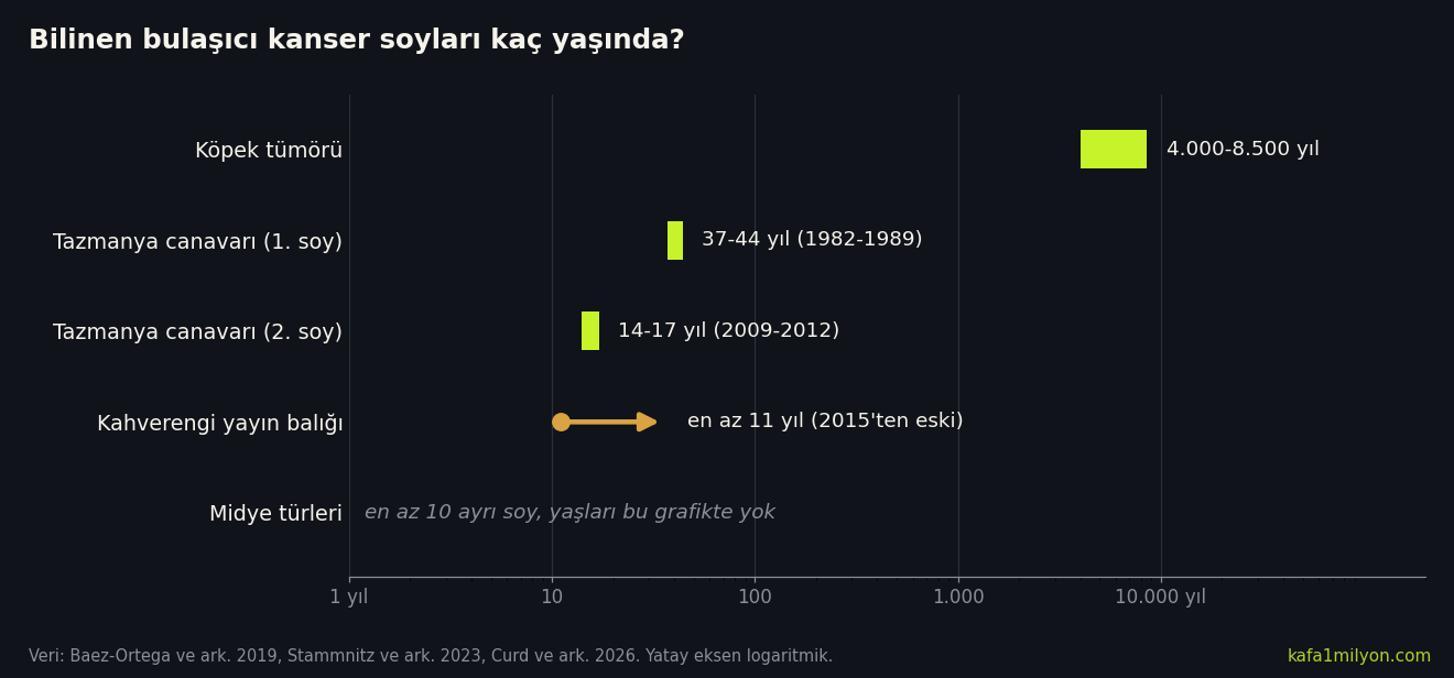 Bilinen bulaşıcı kanser soylarının yaşını logaritmik eksende gösteren yatay çubuk grafik: köpek tümörü 4.000-8.500 yıl, Tazmanya canavarı soyları 37-44 ve 14-17 yıl, yayın balığı soyu en az 11 yıl
