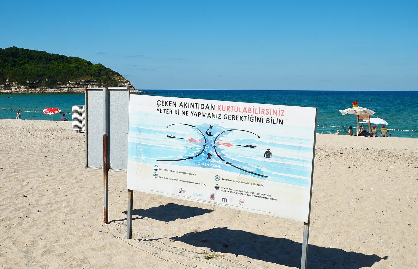 Kumsalda çeken akıntıya kapılınca yanlara doğru yüzmeyi anlatan uyarı levhası, arkada deniz ve ormanlı burun