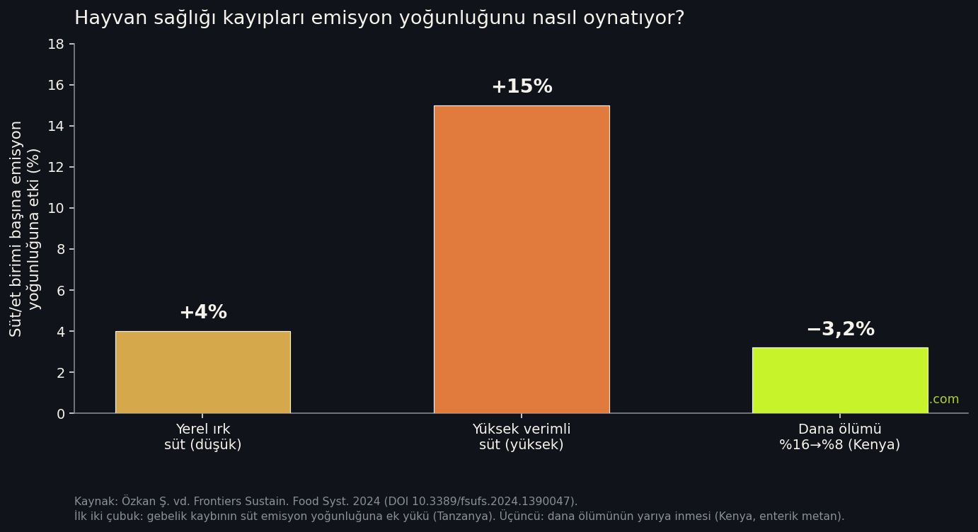 Gebelik kaybı ve dana ölümünün emisyon yoğunluğuna yüzde etkisini gösteren çubuk grafik