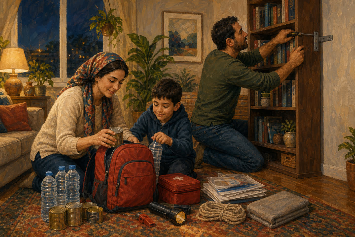 Oturma odasında deprem çantası hazırlayan bir aile; baba kitaplığı duvara sabitliyor, anne ve çocuk çantaya su ve el feneri yerleştiriyor