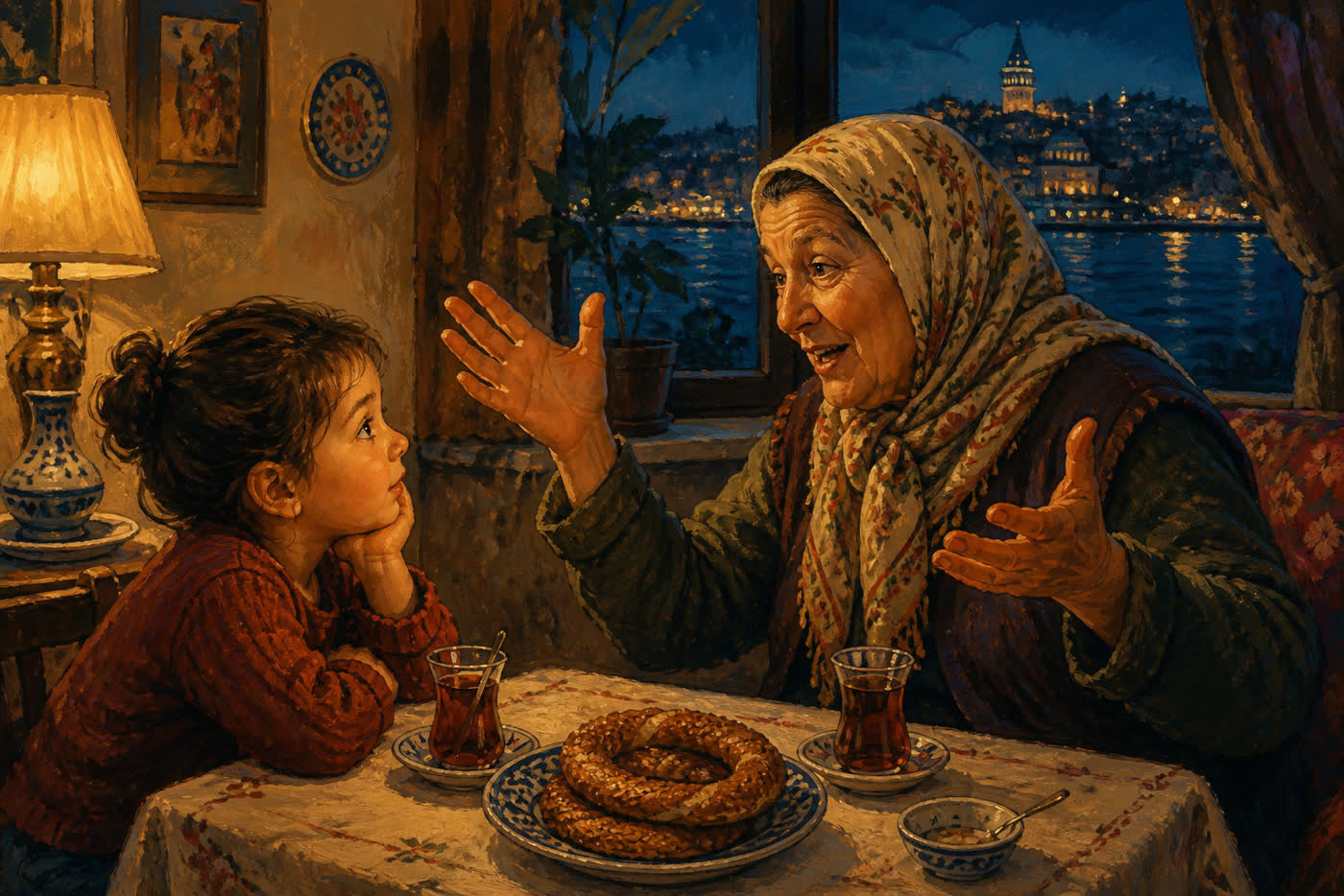 Akşam vakti çay bardakları ve simit dolu bir masada, torununa el kol hareketleriyle bir şey anlatan büyükanne ve merakla dinleyen çocuk