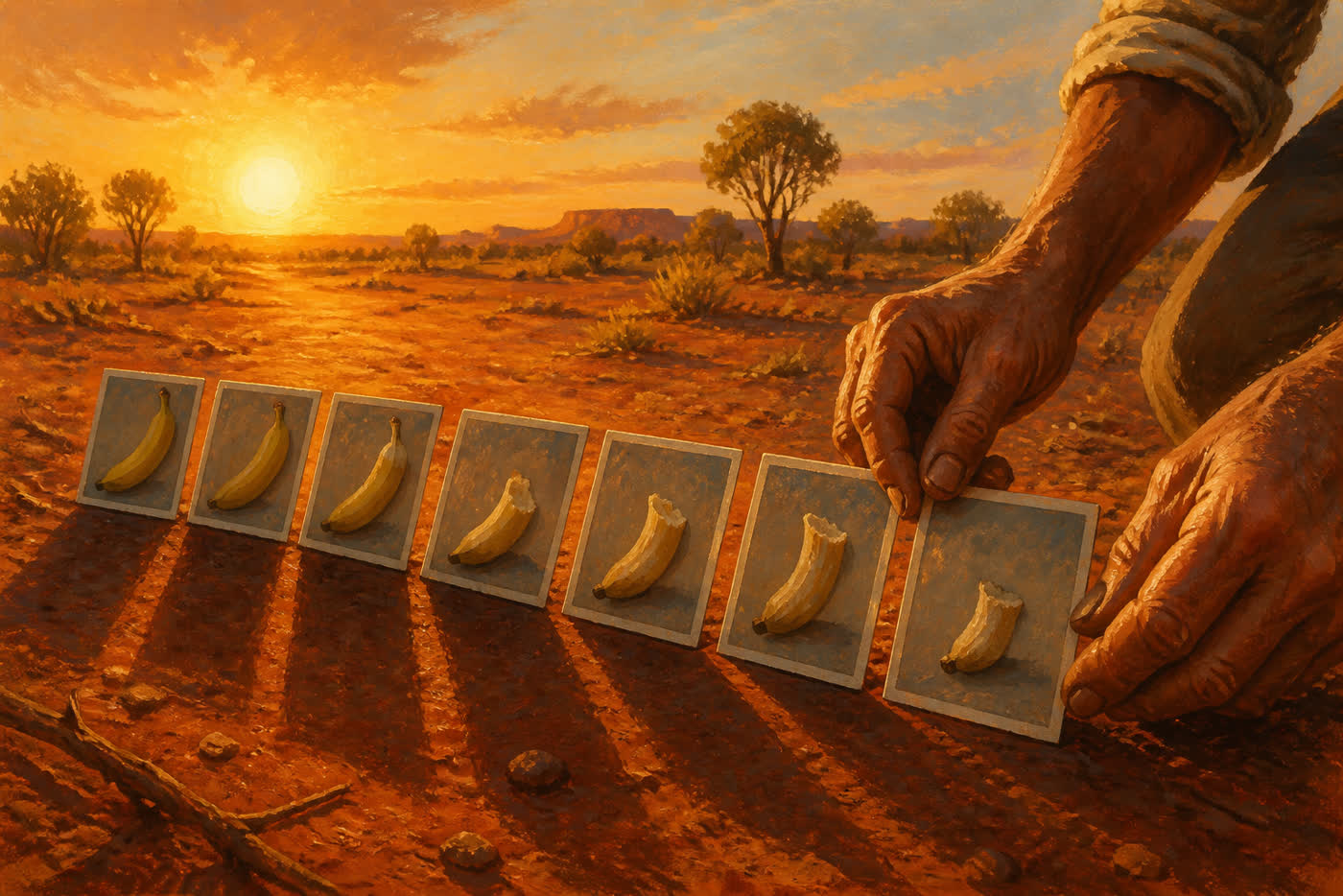 Kızıl toprakta, batan güneşe doğru sıralanmış fotoğraf kartlarını dizen yaşlı eller; kartlarda bir muzun yenme aşamaları