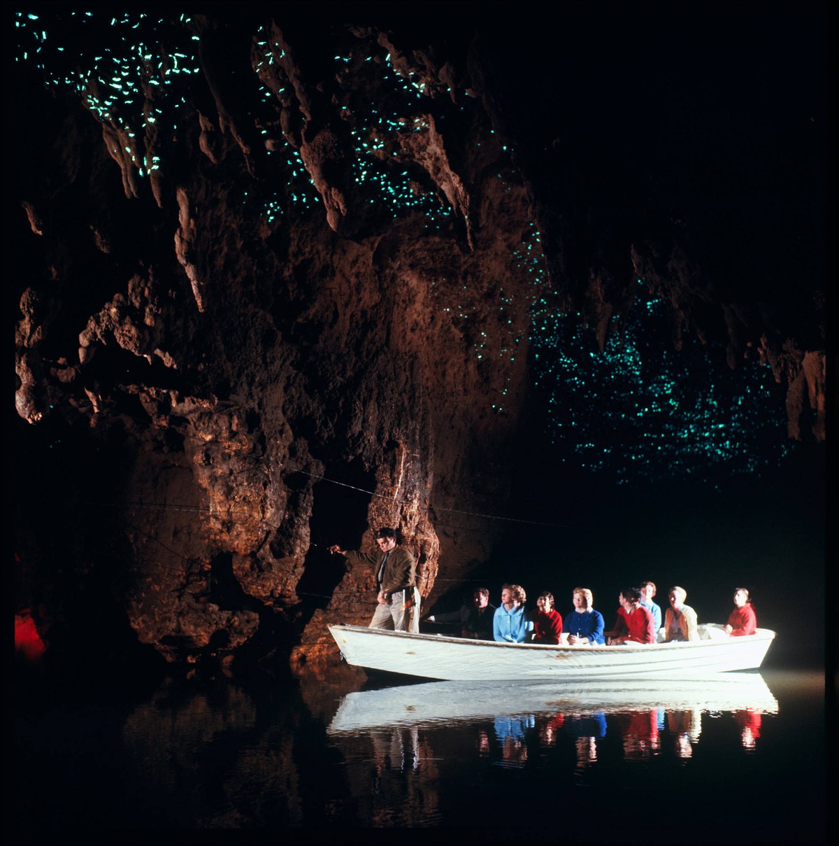 Yeni Zelanda Waitomo mağarasında tavanı kaplayan glow worm ışıkları