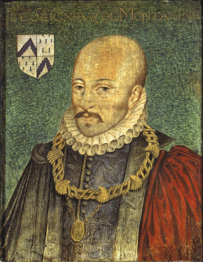 Michel de Montaigne'in siyah giysili, beyaz yakalı yağlıboya portresi