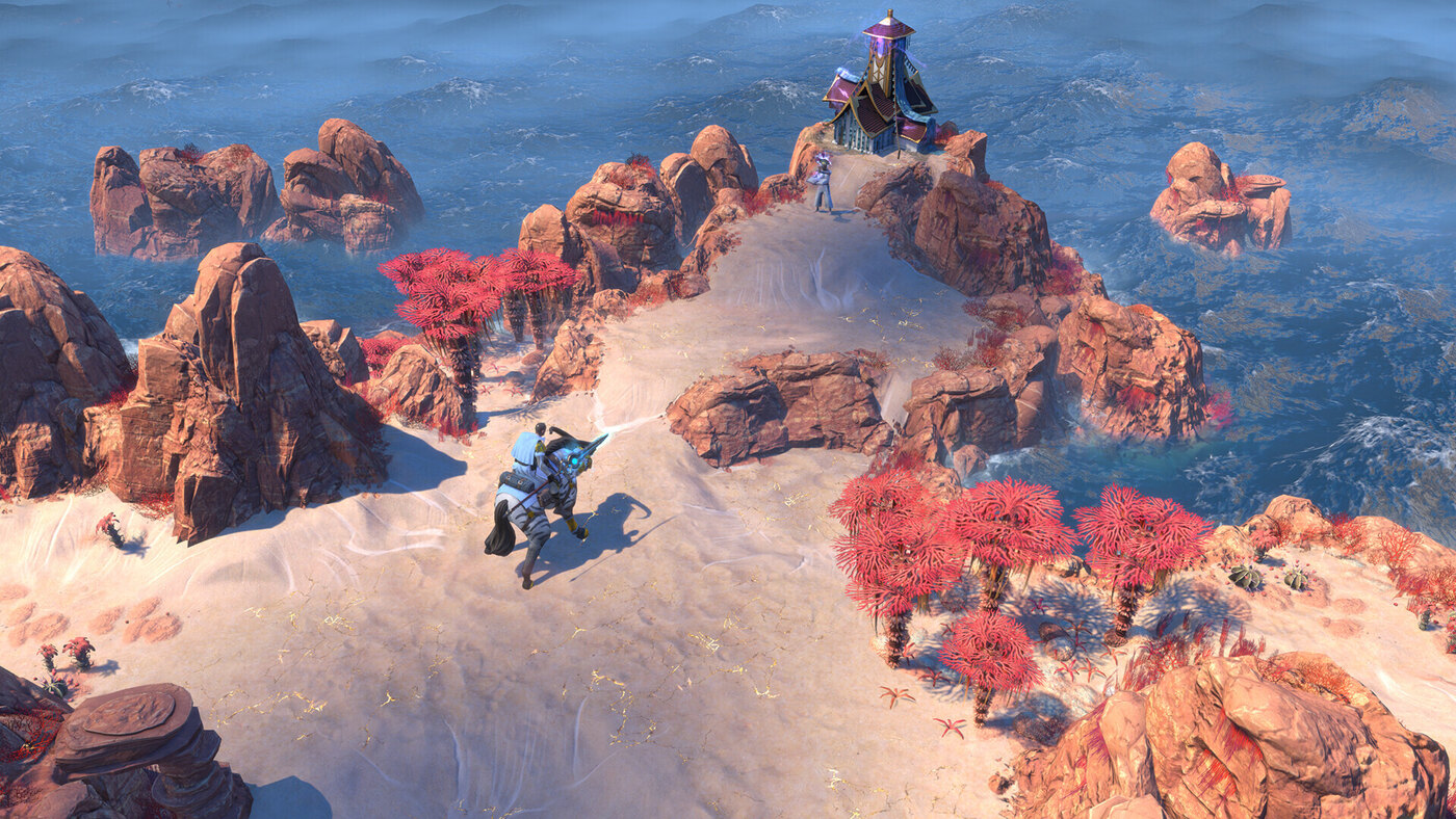 Endless Legend 2'de denizin çevrelediği kayalık arazi ve bir birlik