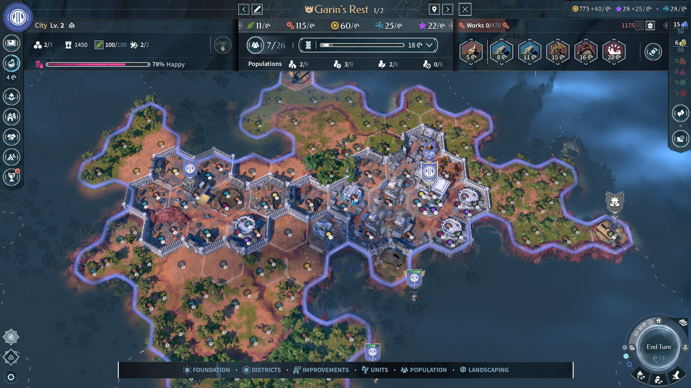 Endless Legend 2 şehir yönetimi ekranı ve altıgen bölgeler