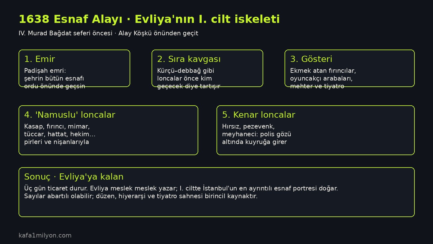 1638 esnaf alayının beş adımlık şeması: emir, sıra kavgası, gösteri, namuslu loncalar, kenar loncalar