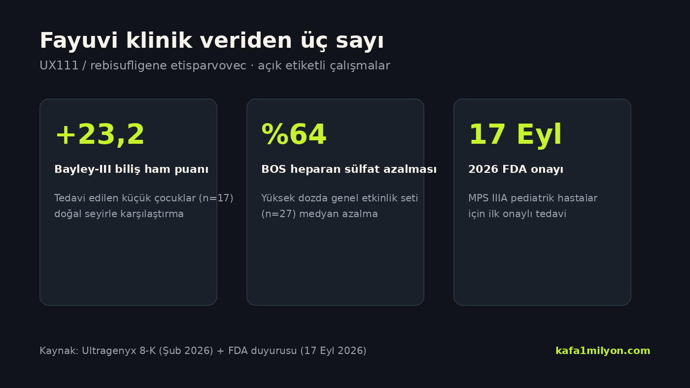Fayuvi çalışmalarından bilişsel skor farkı, heparan sülfat azalması ve onay tarihini gösteren grafik