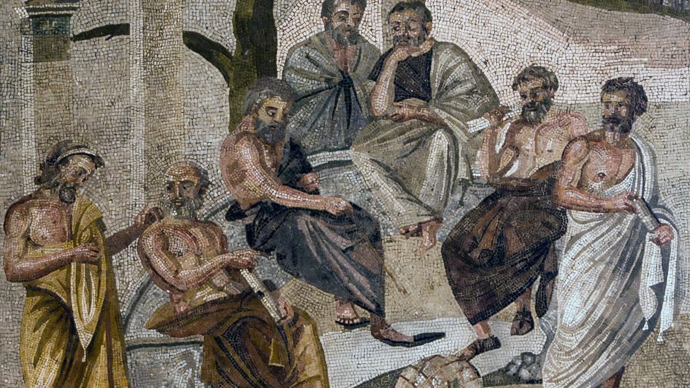Pompeii'den Platon Akademisi mozaiği: filozoflar bir bahçede oturuyor