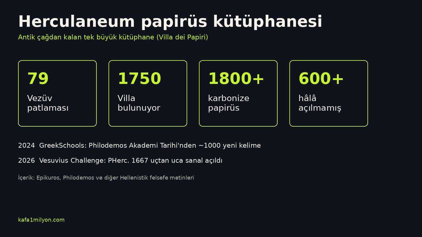 Grafik: 79 patlama, 1750 buluntu, 1800+ papirüs, 600+ açılmamış, 2024 ve 2026 okuma dönüm noktaları
