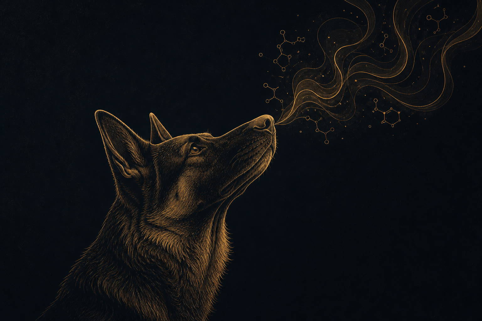 Havayı koklayan bir köpek ve burnuna doğru süzülen koku molekülleri