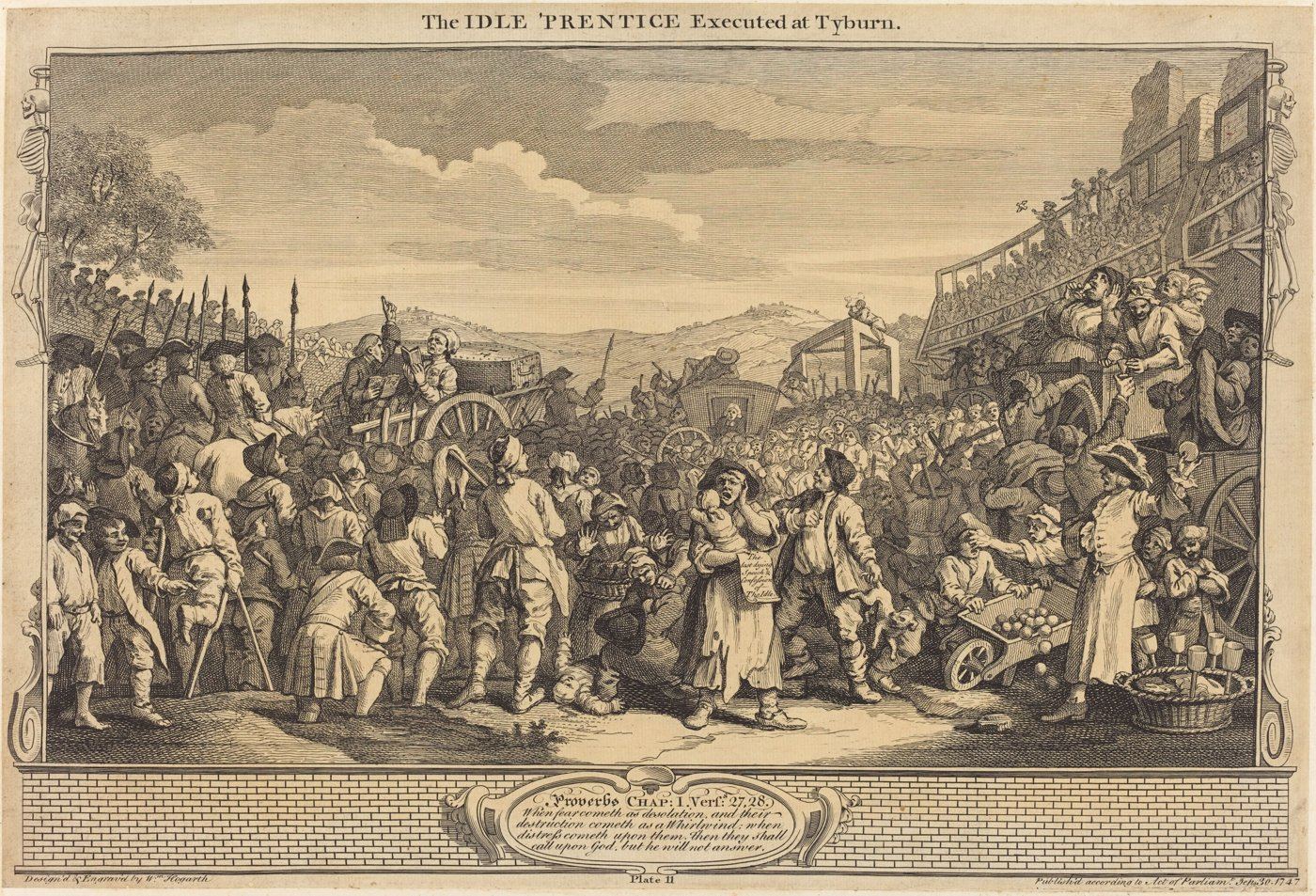 William Hogarth'ın 1747 tarihli gravürü: Londra Tyburn'de bir idamı izlemek için toplanmış kalabalık, dolu tribünler, satıcılar ve askerler