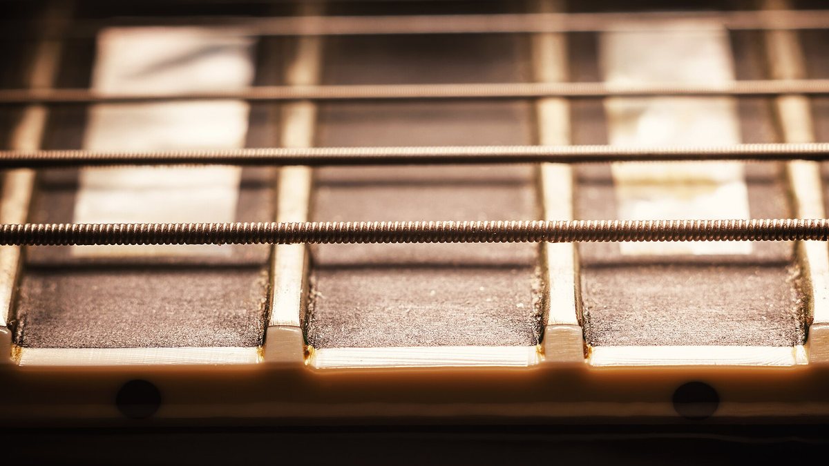 Elektro gitar sapında perde telleri ve teller, yakın çekim