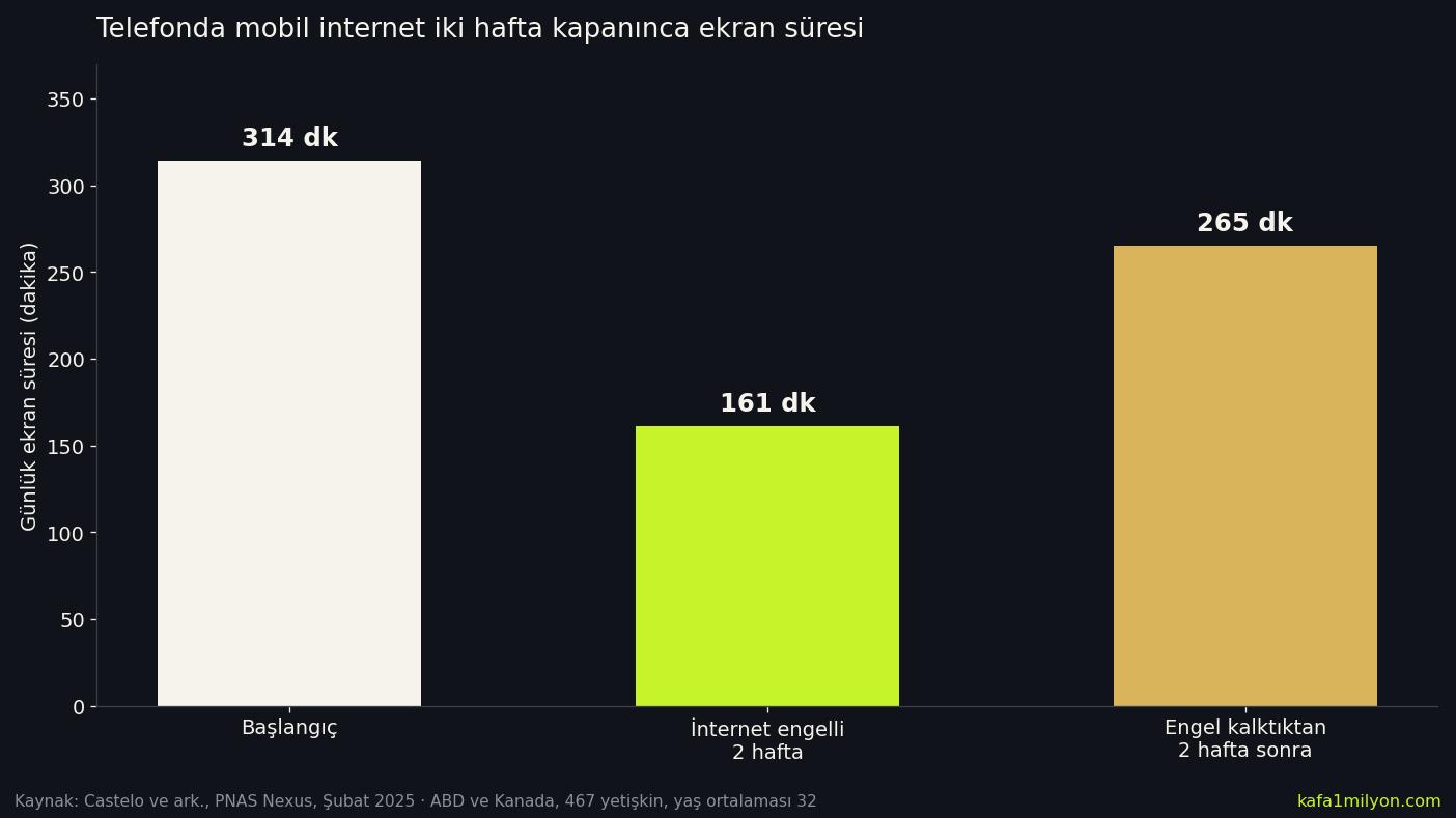Mobil internet engeli öncesi, sırası ve sonrasında günlük ekran süresi: 314, 161 ve 265 dakika