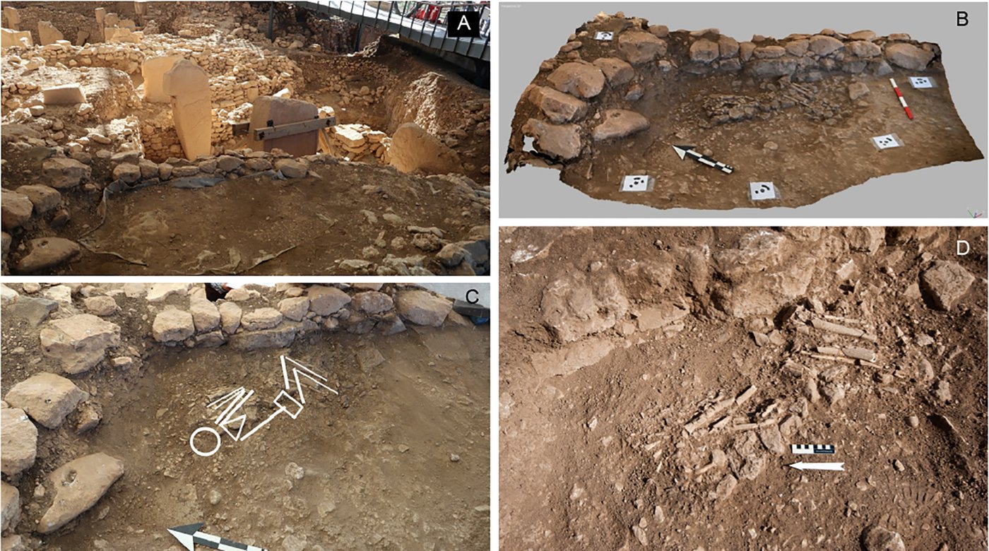 Göbeklitepe'de A Yapısı'nın yanındaki tekli gömünün yeri ve dizleri karnına çekilmiş iskeletin kazı fotoğrafları
