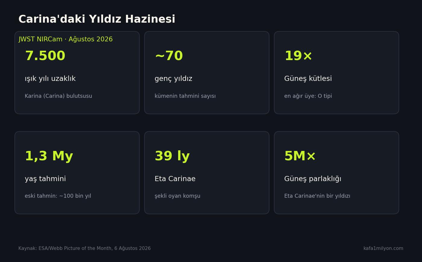 Yıldız Hazinesi ölçek kartı: uzaklık, yıldız sayısı, kütle, yaş ve Eta Carinae bilgileri