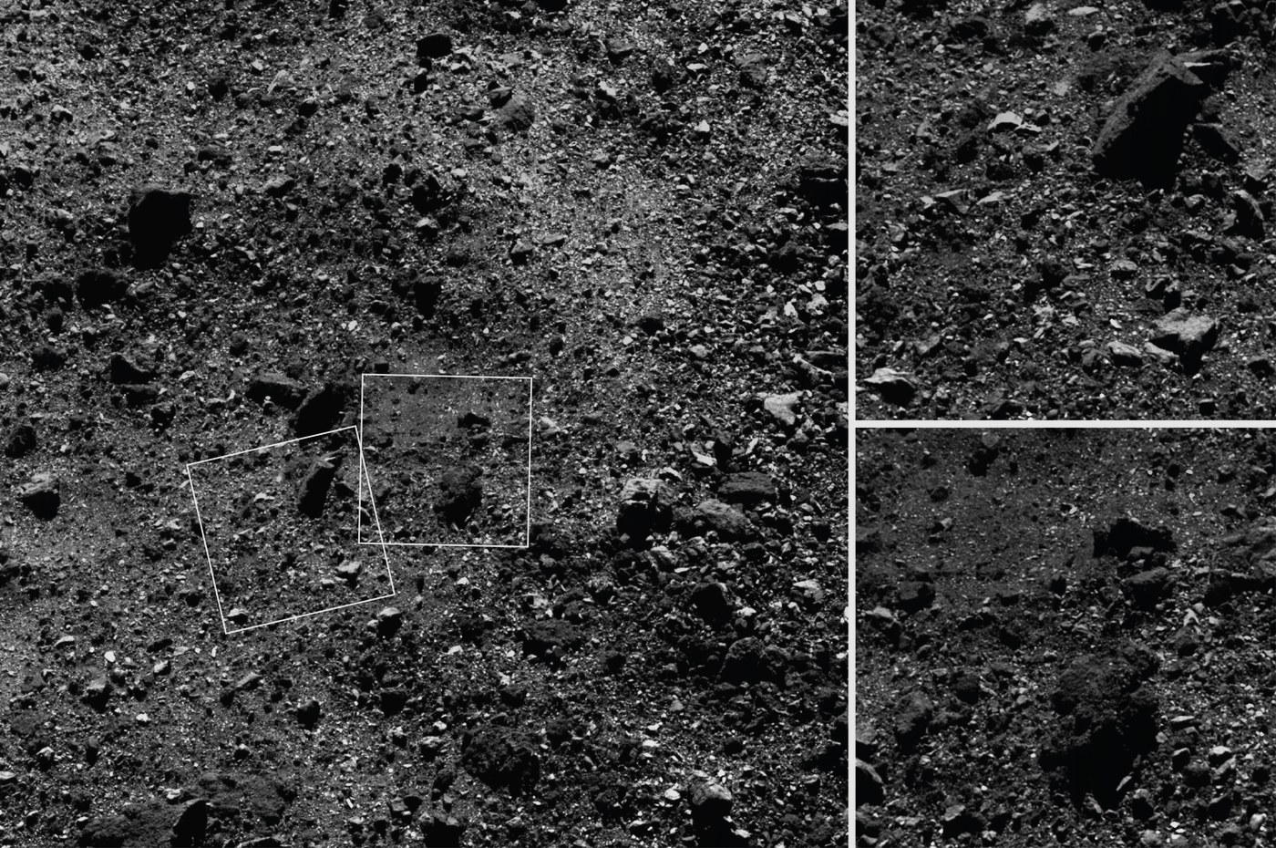 Asteroid Bennu yüzeyinin yakın planı, gözenekli kayalık regolit