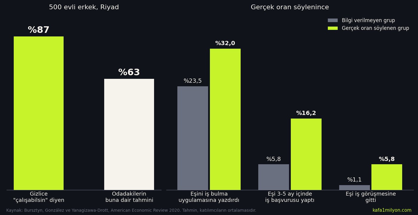 Bilgi grafiği: Riyad'da 500 evli erkeğin yüzde 87'si kadınların ev dışında çalışmasını destekliyor, tahmin yüzde 63; gerçek oran söylenen grupta eşini iş uygulamasına yazdırma yüzde 23,5'ten 32'ye, eşin iş başvurusu yüzde 5,8'den 16,2'ye, iş görüşmesi yüzde 1,1'den 5,8'e çıkıyor