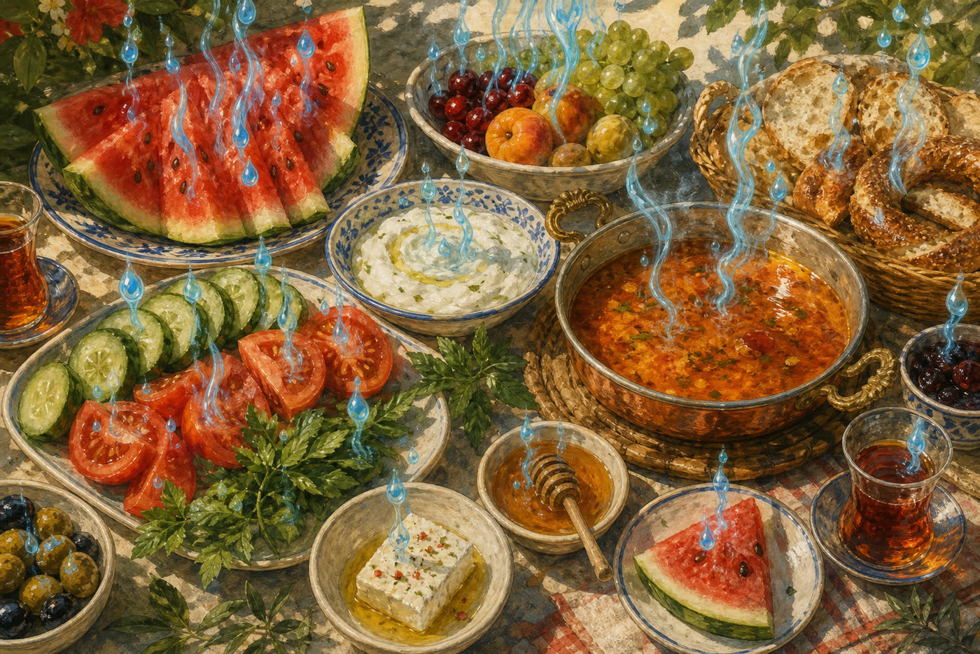 Yukarıdan görülen zengin bir sofra: karpuz, salatalık, domates, yoğurt, çorba ve çay; her yiyecekten yükselen su damlaları gizli su içeriğini gösteriyor