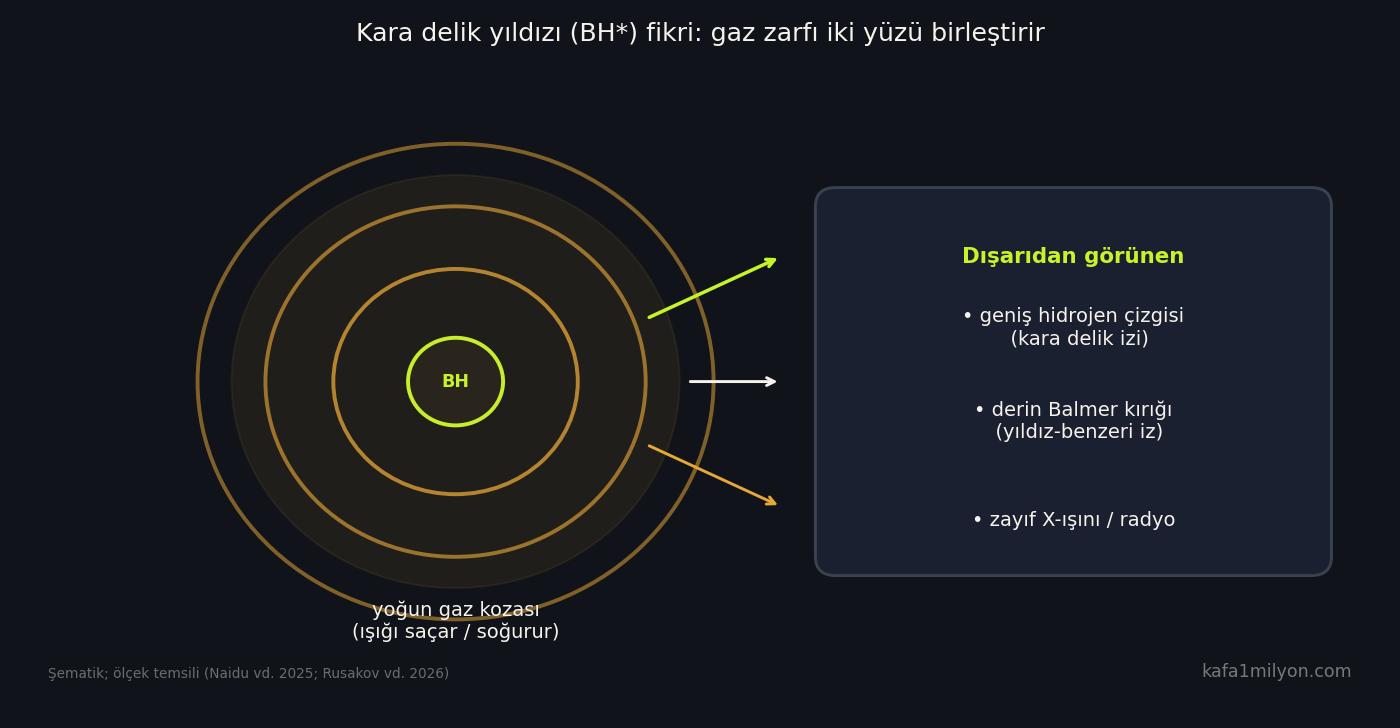 Kara delik yıldızı modelinin şeması: merkezde kara delik, çevresinde gaz kozası, dışarıda görünen spektral izler