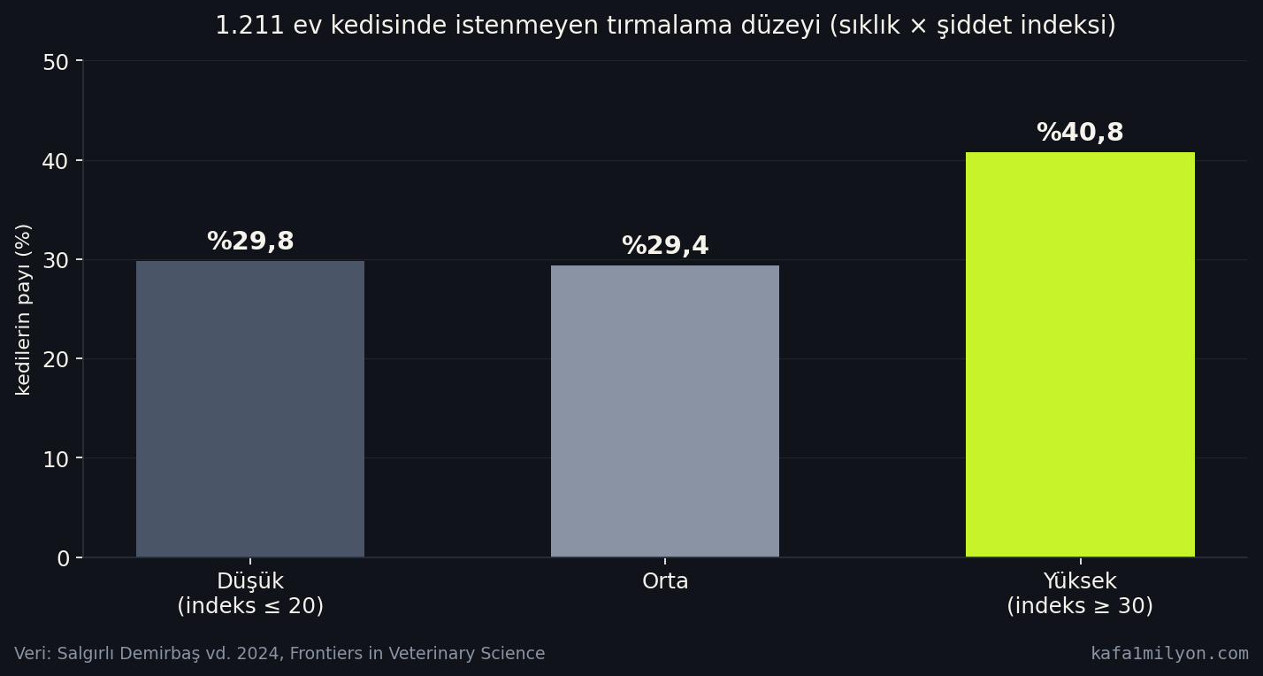 1.211 ev kedisinde istenmeyen tırmalama düzeyinin dağılımı: düşük yüzde 29,8, orta yüzde 29,4, yüksek yüzde 40,8