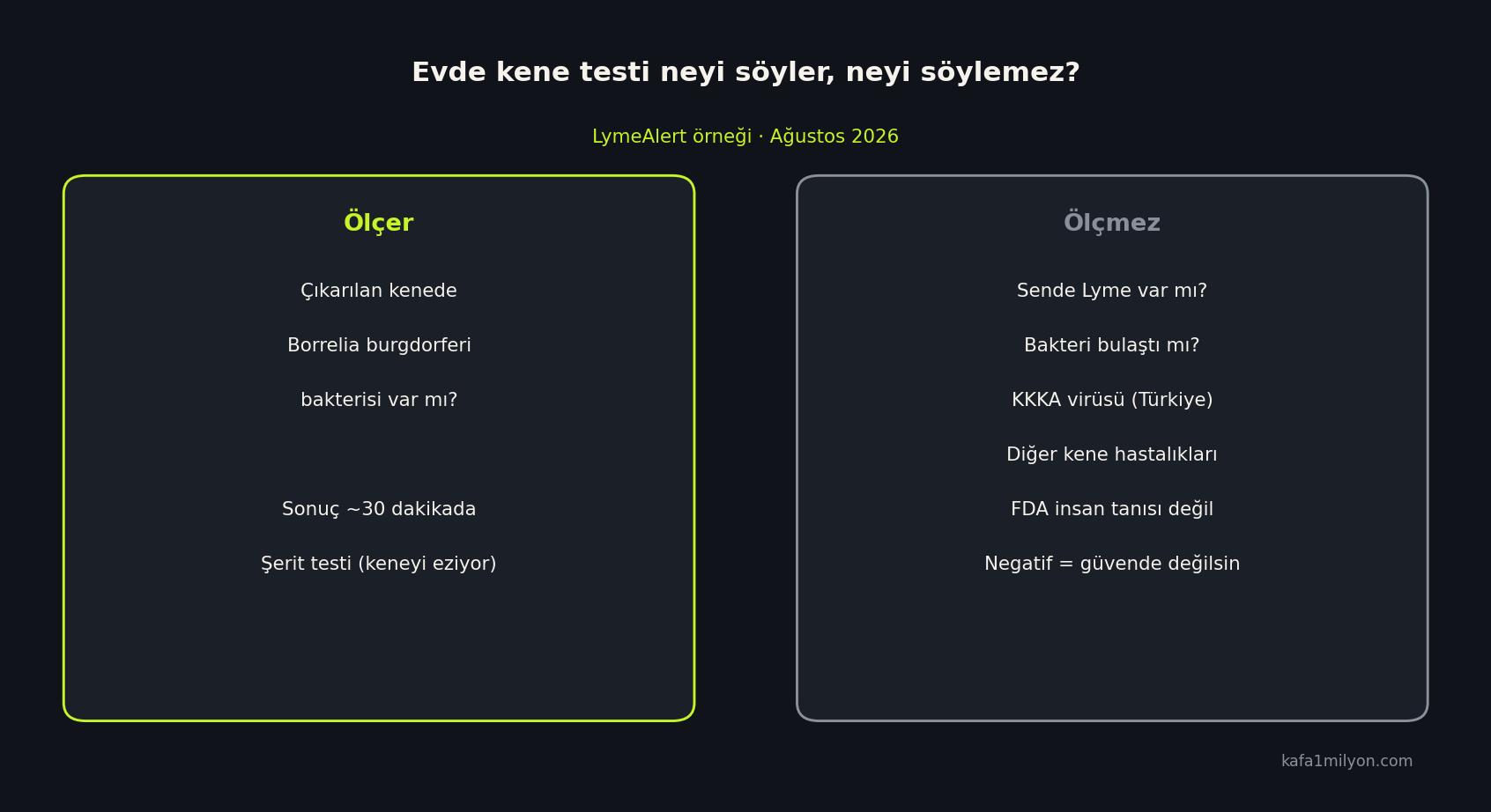 LymeAlert neyi ölçer neyi ölçmez: kenede bakteri var mı; insan tanısı, KKKA ve bulaş yok