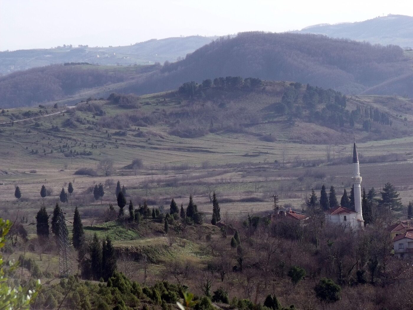 Büyük Bucaklı köyü, yeşil tepeler arasında cami minaresi ve evler