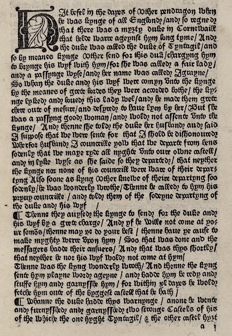 William Caxton'ın 1485'te bastığı Le Morte Darthur kitabının gotik harfli ilk sayfası