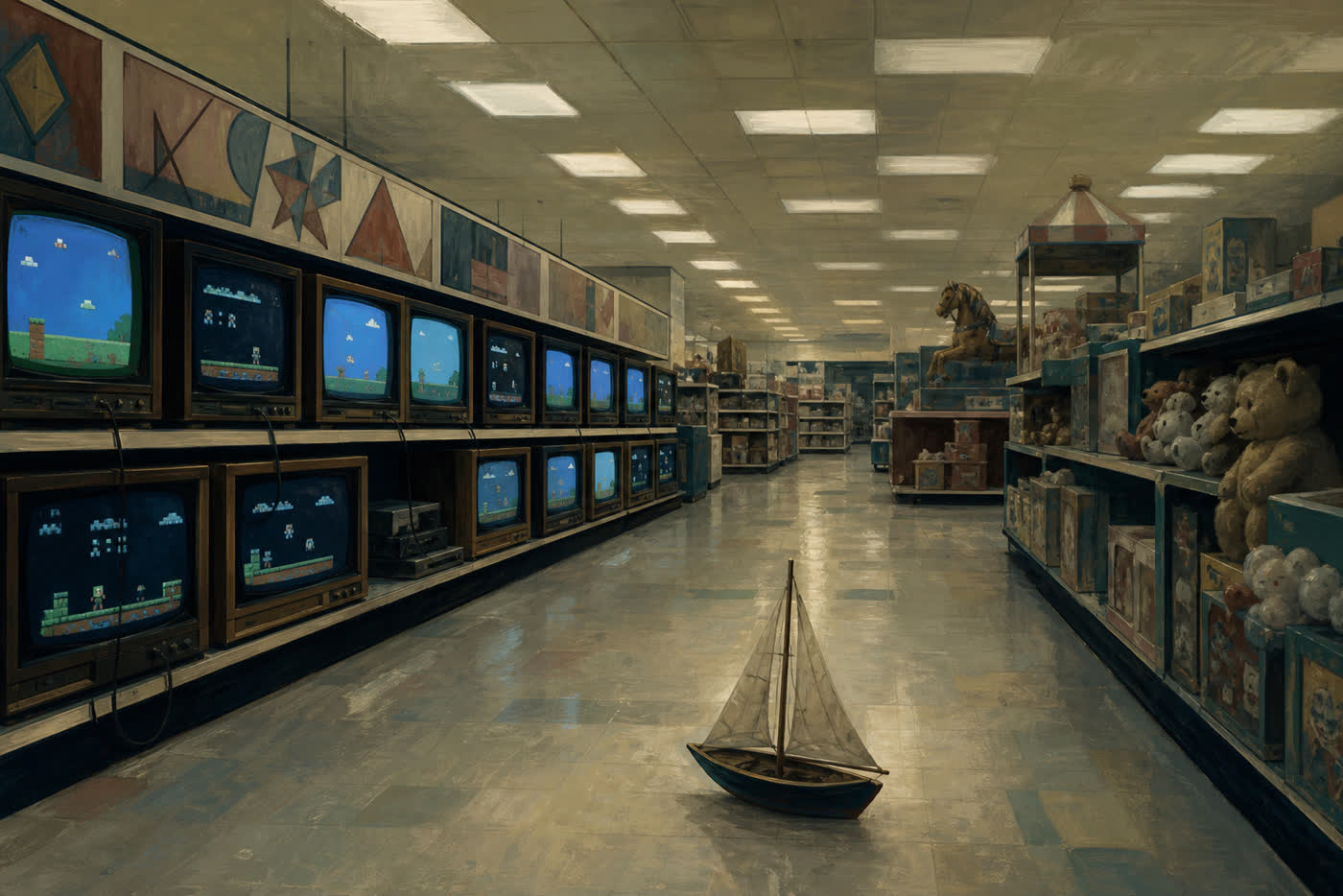 1980'lerin loş bir oyuncak reyonu; video oyunu ekranları yanıyor, yerde tek başına bir oyuncak yelkenli duruyor, ortalıkta kimse yok