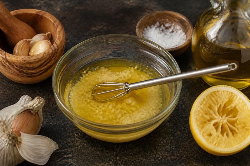 Sarımsaklı zeytinyağlı limonlu sosun küçük kasede çırpılması