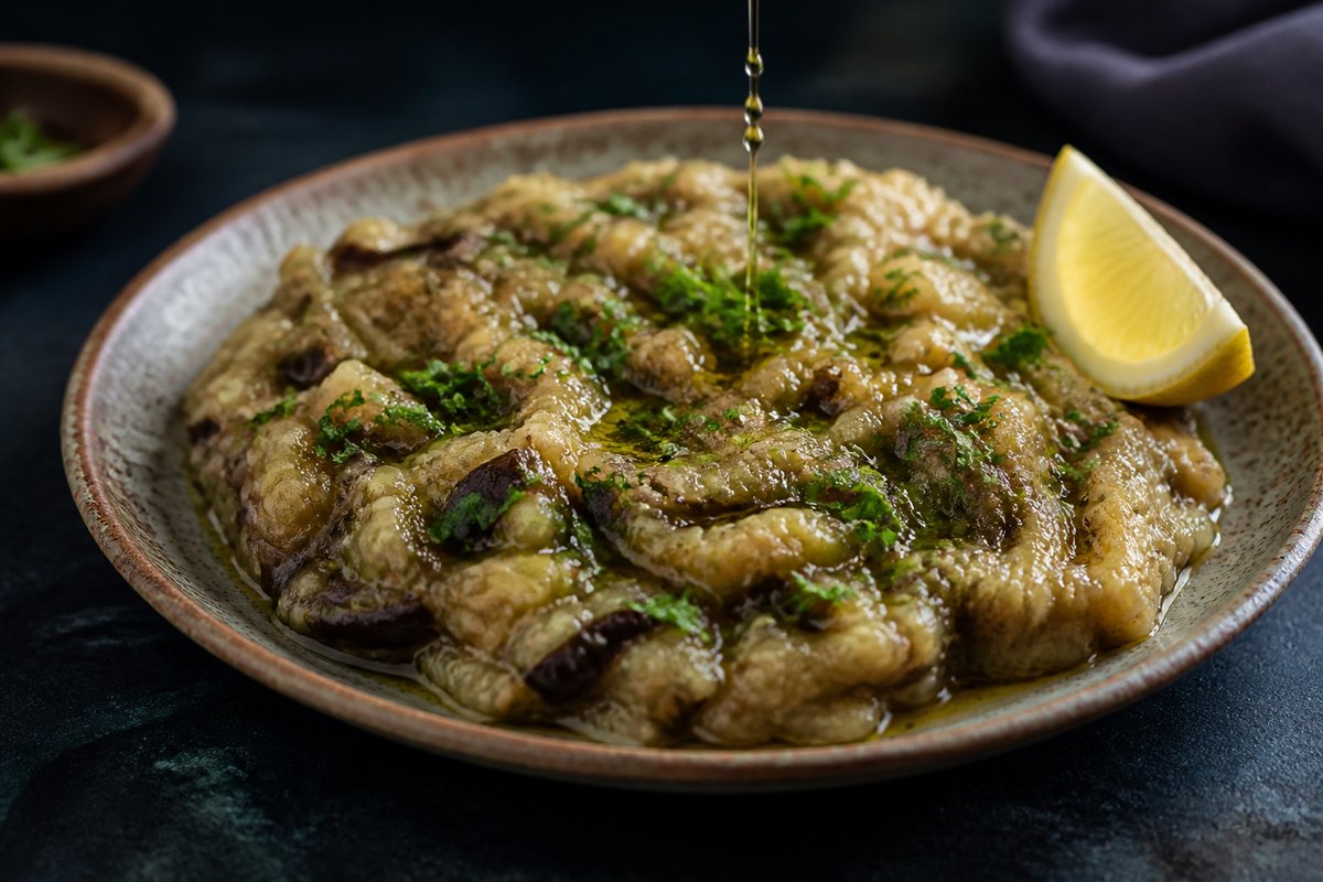 Közlenmiş patlıcan salatası: zeytinyağlı, maydanozlu, limonlu meze tabağı