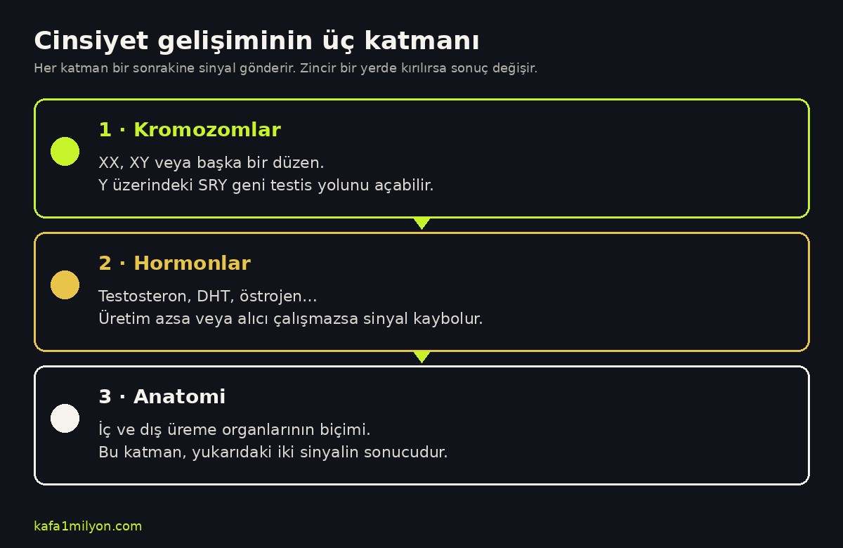 Kromozomlar, hormonlar ve anatomi katmanlarını gösteren şema