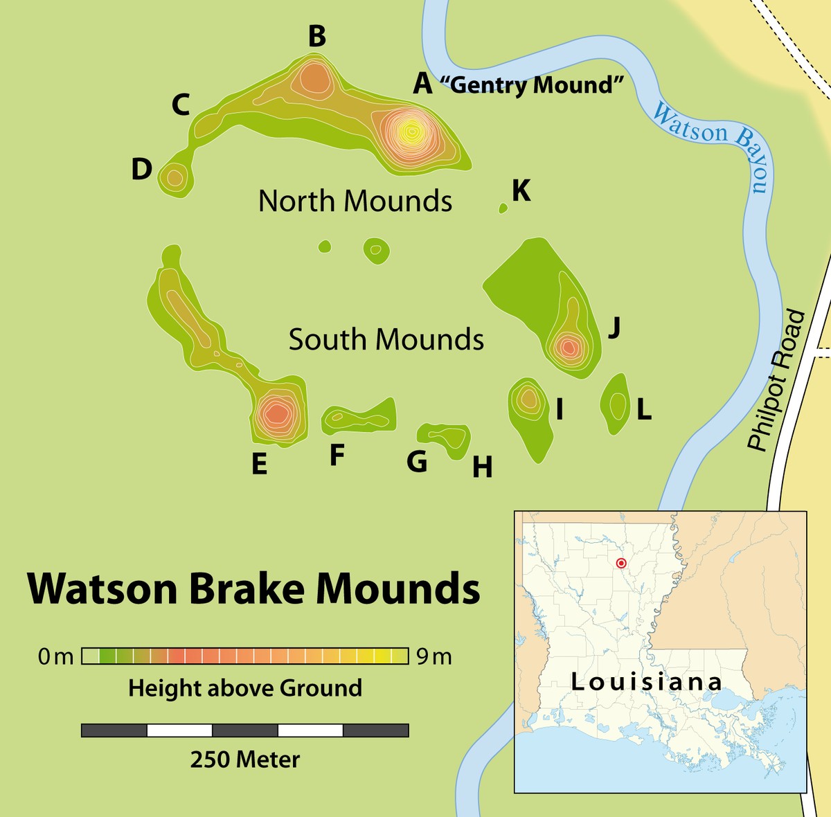 Watson Brake arkeolojik alanının höyük ve sırt düzenini gösteren şematik harita