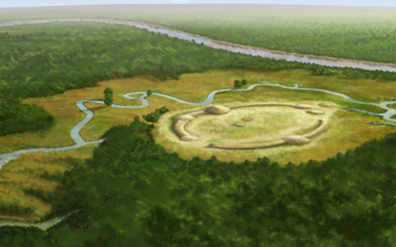 Watson Brake höyük kompleksinin kuşbakışı sanatçı çizimi: oval düzende on bir toprak höyük ve bağlayan sırtlar