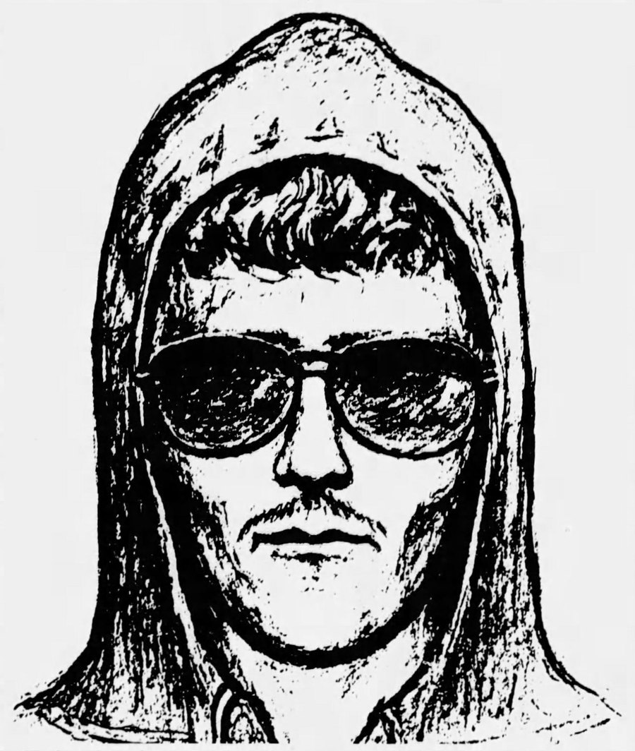 FBI'ın 1987'de yayımladığı siyah beyaz eşkâl çizimi: kapüşonlu, bıyıklı, güneş gözlüklü bir adam