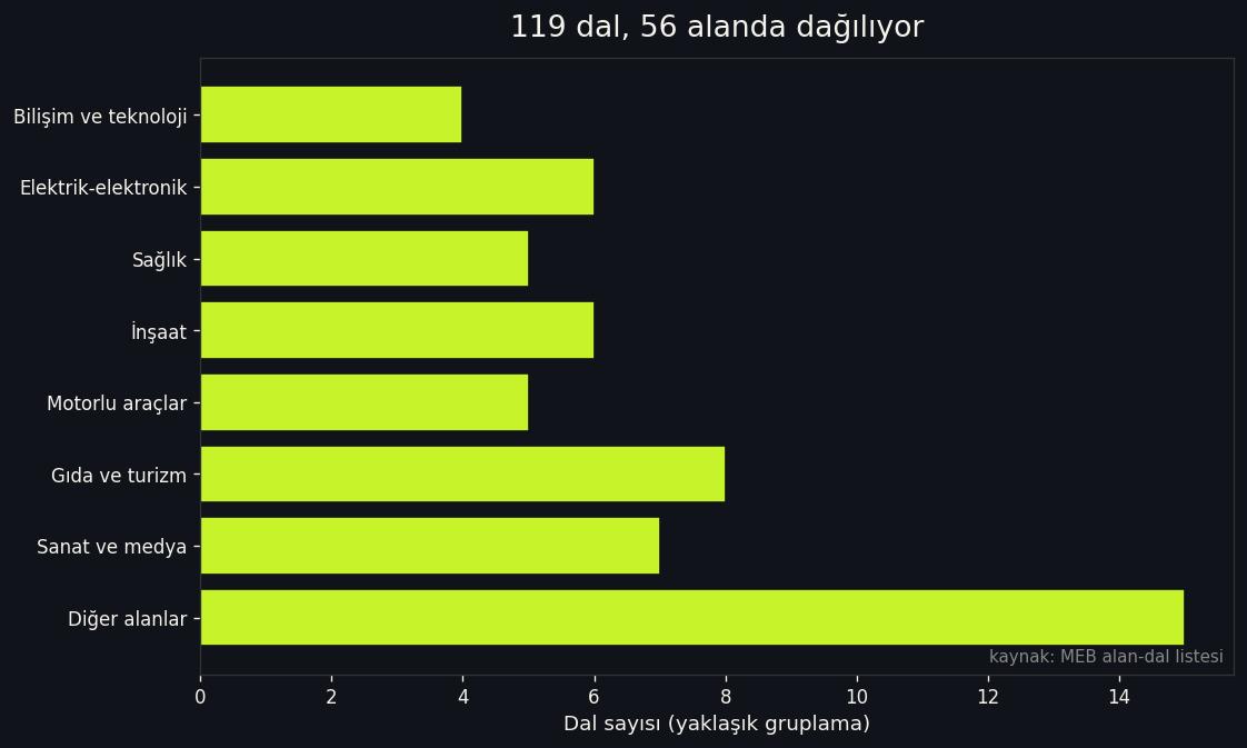 MEB alan-dal listesinde 119 dalın alan gruplarına dağılım grafiği
