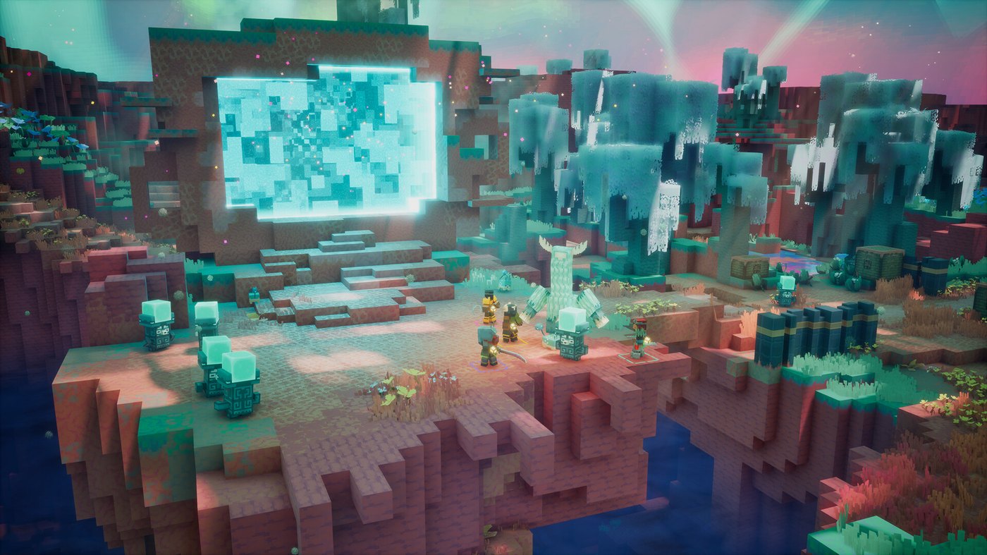 Minecraft Dungeons II'de Sift boyutuna açılan portal ve bloklu manzara