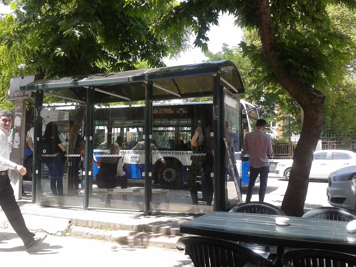 Ankara'da ağaçların altında, önünde mavi beyaz bir belediye otobüsü duran camlı otobüs durağı