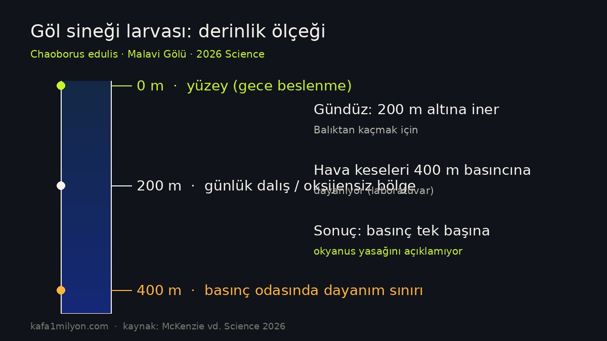 Chaoborus larvasının günlük 200 metre dalışı ve 400 metre basınç dayanımı grafiği