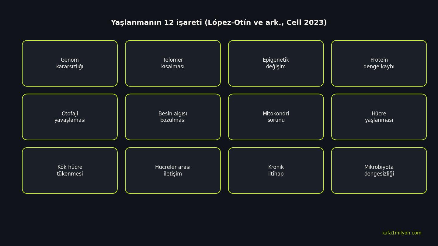 Yaşlanmanın on iki işaretini gösteren koyu zeminli bilgi grafiği