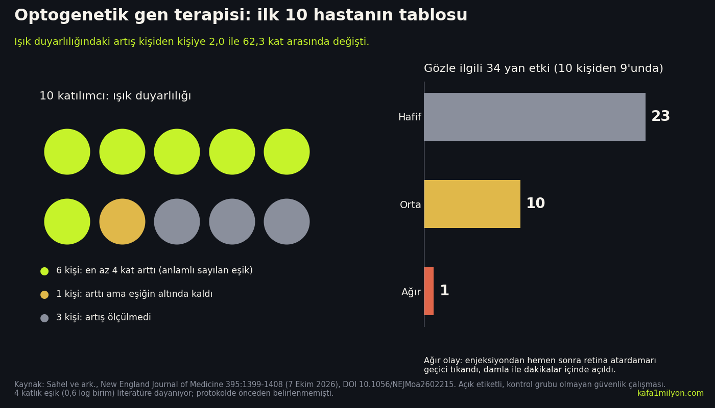 Bilgi grafiği: solda on katılımcıyı gösteren on daire, altısı ışık duyarlılığında en az dört kat artışla limon, biri eşiğin altında kalan artışla altın, üçü artışsız gri; sağda gözle ilgili 34 yan etkinin 23 hafif, 10 orta, 1 ağır dağılımı